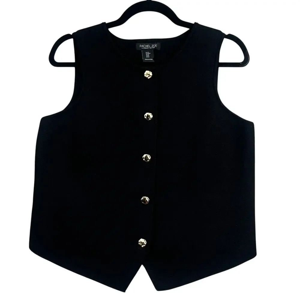 Rachel Zoe Minimalist Knit Vest M Black Gold Button Sleeveless Preppy Old Money